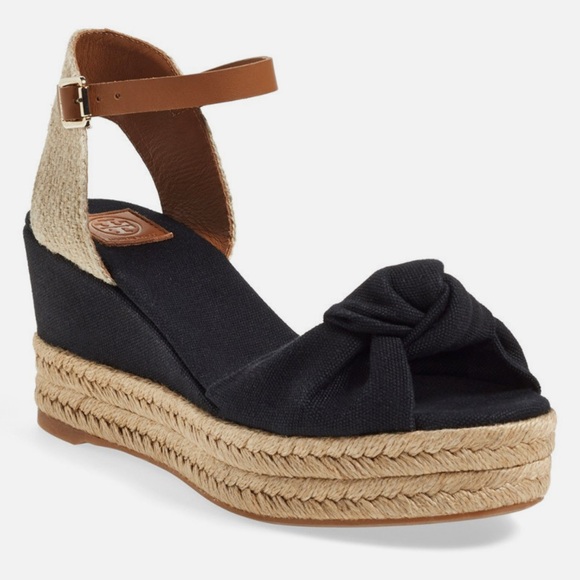 Tory Burch Knotted Black Canvas Espadrille Platform Sandals - Picture 2 of 5